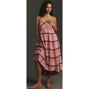 Anthropologie Maeve Midi Dress Pink Stripe Linen Pleated-Waist Preppy Sz M NWT